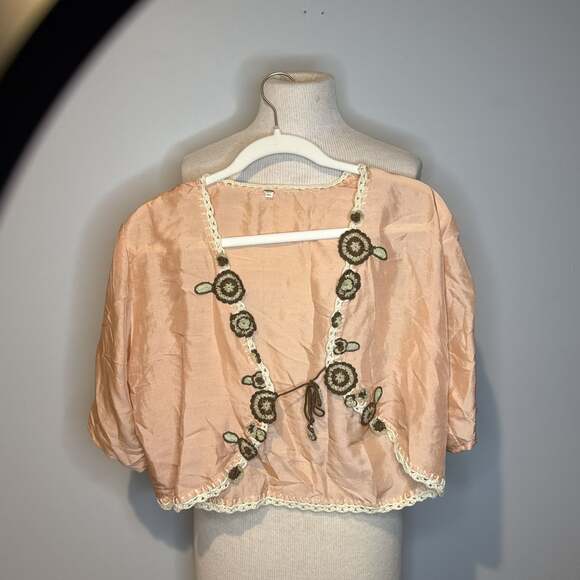 Vintage Elizabeth Gillette  Pink Floral Shawl Shrug Open Front Top M/L 100% silk - Picture 1 of 3